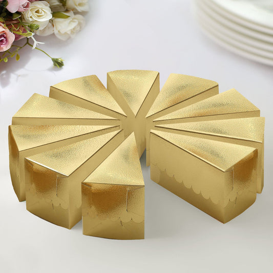 10 Pack 5"x3" Metallic Gold Single Slice Paper Cake Boxes, Triangular Pie Slice Dessert Box with Scalloped Top