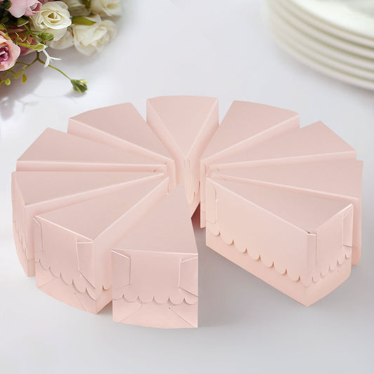 10 Pack 5"x3" Blush Single Slice Paper Cake Boxes, Triangular Pie Slice Dessert Box with Scalloped Top