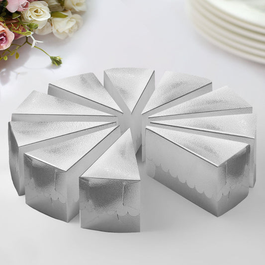 10 Pack 5"x3" Metallic Silver Single Slice Paper Cake Boxes, Triangular Pie Slice Dessert Box with Scalloped Top